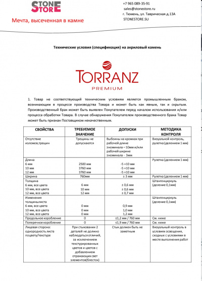 Технические условия (спецификация) на акриловый камень